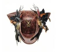 Chatonshen Stage Performance Hat Pirate Tricorn Hat Costume Hat Cosplay Hat Steampunk Hat With Side Plumage Ornaments In Faux Leather Suitable for stage acting, Brown, M 56-58cm