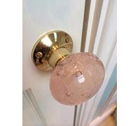 Chattels Beautiful Pair of Large Contemporary/Retro Round Pink Smooth Bubble Glass Brass Mortice Door Knobs/Handles PL