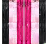 ChauLanBow 2 Pack Tinsel Curtains, Foil Curtain Fringe, 1x2 m Hot Pink Black, Metallic Streamer Backdrop for Cartoon Mouse Party Birthday Decorations, New Years, Disco Party and Photo Booth Props