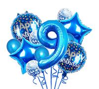 Chaungfu 11pcs Foil Balloons, Blue, 9th Birthday Party Supplies, Number 9, Star, Round, Confetti, Latex, 11 Count, Kids, Unisex-Kids