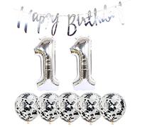 Chaungfu 11th Birthday Decoration Kit: Silver Number 11 Balloons, Happy Birthday Banner, Confetti Balloons, Ribbons - 8 Count - Unisex Kids