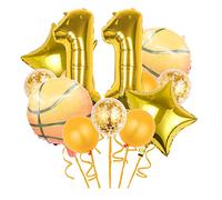 Chaungfu 12 Pcs Basketball Theme Balloons, Decorations Gold Confetti Balloon Foil Star For Sports 11th Birthday Party Supplies Number 11 Decoration