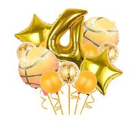 Chaungfu 12 Pcs Basketball Theme Balloons, Gold Confetti & Star Foil Balloons, '4' Number Balloon, 10m Color Ribbon for Basketball Sports Theme Party Decorations, Kids & Adults