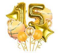 Chaungfu 12 Pcs Basketball Theme Balloons, Gold Confetti Star Foil Number 15 Balloons for Sports Theme Birthday Party Supplies