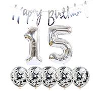 Chaungfu 15th Birthday Decoration Kit: Silver 15th Birthday Banner, Balloons, Confetti, Ribbons & Accessories - 10pcs - Unisex - Teenagers & Young Adults