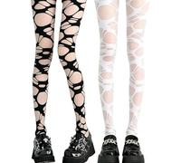 ChAusa 2 Pack Black Ripped Tights for Women Fishnet Tights, Zombie Punk Perforated Black and White Goth Tights, Irregular Holes Gothic Clothes for Women for Halloween Cosplay Party