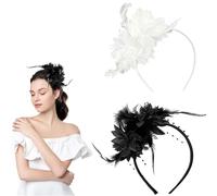 ChAusa 2-Piece Feather Headbands - 1920s White Roaring 20s Women's Hair Accessories with Artificial Flowers & Feathers for Cocktail, Prom, Tea Party Decorative Accessory (White/Black)