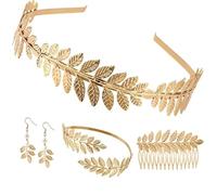 ChAusa 4 Pcs Greek Goddess Costume Accessories Greek Goddess Leaf Headband Women Gold Upper Arm Cuff Bracelet Headband Dangle Earring Goddess Jewelry Adjustable Set for Party Bridal Wedding Halloween