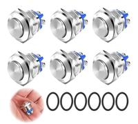 ChAusa 6 Pcs 16mm Momentary Push Button Switch Waterproof Starter Button Switch IP65 3A/12V 24V Brass Screw Type Terminals Metal Button for LED Light Car Boat Motorcycle(High Head)
