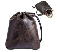 ChAusa Dark Brown Real Leather Coin Purse, 14.5 x 13 x 0.8 CM Small Drawstring Coin Pouch, Portable Money Leather Pouch Gifts for Friends Family Coworkers Party Men Women