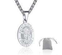 ChAusa Oval St Christopher Necklace for Men Stainless Steel Personalised Saint Christopher Pendant with Grey Suede Gift Bag for Women Men