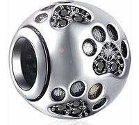 CHAWIN Jewelry Paw Prints Solid 925 Sterling Silver Charm with Black Crystal Designs Ball Shape European Style Beads and Charms