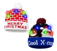 CHAWONER 2Pcs LED Light Up Christmas Beanie Hat, Flashing Knitted Xmas Cap with Replaceable Battery, Novelty Santa Reindeer Glow In The Dark Hat for Kids & Adults Christmas Party Favors