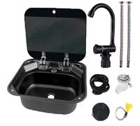 CHBMZ Caravan Rv Sink with Folding Faucet and Tempered Glass Lid, Stainless Steel Hand Wash Basin, 16.5x14.5x5.9in, for Camper Van Boat Home Mobile Trailer(Black)