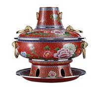CHCHC Beijing Hot Pot, for Winter Picnic Anti Scalding Handle Red Copper Hotpot Chinese Tranditional Cloisonne Charcoal Old Hotpot Soup Pot(Red,36cm)