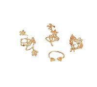 CHCWR 4-Piece Cane Vine Leaf Flower Ring Women's Stacked Gold Medium Length Ring Set 4-Piece