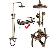 CHCWR Antique Brass Shower System Set - Porcelain Ceramic Faucets Swivel Bath Spout Dual Knobs Mixer Tap Complete Shower Kit for Elegant Bathrooms