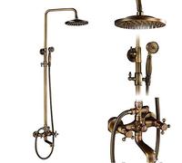 CHCWR Antique Brass Shower System Set - Porcelain Ceramic Faucets Swivel Bath Spout Dual Knobs Mixer Tap Complete Shower Kit for Elegant Bathrooms