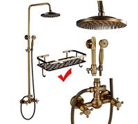 CHCWR Antique Brass Shower System Set - Porcelain Ceramic Faucets Swivel Bath Spout Dual Knobs Mixer Tap Complete Shower Kit for Elegant Bathrooms