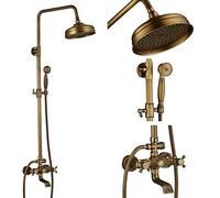 CHCWR Antique Brass Shower System Set - Porcelain Ceramic Faucets Swivel Bath Spout Dual Knobs Mixer Tap Complete Shower Kit for Elegant Bathrooms