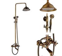 CHCWR Antique Brass Shower System Set - Porcelain Ceramic Faucets Swivel Bath Spout Dual Knobs Mixer Tap Complete Shower Kit for Elegant Bathrooms