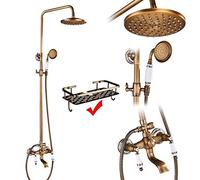CHCWR Antique Brass Shower System Set - Porcelain Ceramic Faucets Swivel Bath Spout Dual Knobs Mixer Tap Complete Shower Kit for Elegant Bathrooms