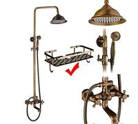 CHCWR Antique Brass Shower System Set - Porcelain Ceramic Faucets Swivel Bath Spout Dual Knobs Mixer Tap Complete Shower Kit for Elegant Bathrooms