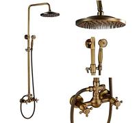 CHCWR Antique Brass Shower System Set - Porcelain Ceramic Faucets Swivel Bath Spout Dual Knobs Mixer Tap Complete Shower Kit for Elegant Bathrooms