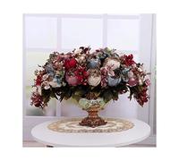 CHCWR Artificial Peony Bouquets with Resin Vase Simulation Fake Peony Bonsai Lifelike Faux Flannel Silk Flowers Table Centerpieces Wedding Party Home Office Decor
