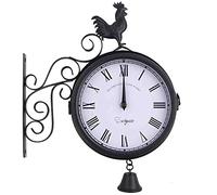 CHCWR Garden Wrought Iron Wall Clock, Outdoor Double-Sided Rooster Design Wall Hanging Clock with Bell, for Garden Home Decoration - Vintage Wall Decor