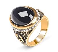 CHCWR Gold Oval Black Obsidian Stone Wide Band Ring for Women,Retro14K Gold Plated Retro Jewelry Gift for Men Gemstone Crystal Turkish Full Finger Band Ring Size 8