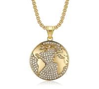 CHCWR jewelry titanium steel gold-plated rhinestone world map pendant necklace hip-hop men's and women's necklace