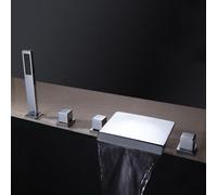 CHCWR Modern 5 Hole Waterfall Bath Shower Mixer Tap with Hand Shower Hot and Cold Double Handle Pull Out Bathtub Faucet in Chrome Finish