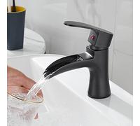 CHCWR Modern Black Countertop Basin Faucet for Bathroom Sink Single Hole High Style Waterfall Design Chrome Finish Hot and Cold Water Mixer