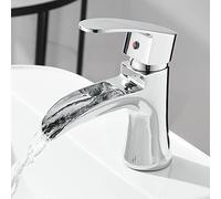 CHCWR Modern Black Countertop Basin Faucet for Bathroom Sink Single Hole High Style Waterfall Design Chrome Finish Hot and Cold Water Mixer