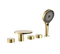CHCWR Modern Brushed Gold 5 Hole Bath Tap Set with Waterfall Feature Double Handle Pull Out Bathroom Mixer Tap for Hot and Cold Water Stylish Bath Shower Faucet