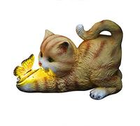 CHCWR Outdoor Solar Cat Statue with Light-up Butterfly,Garden Resin Kitten Animal Figurine,Pet Memorial Ornament Decor,for Lawn Yard Patio,Yellow