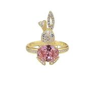 CHCWR Rabbit Animal Statement Ring for Women Gold Plated Adjustable Pink Rhinestone Crystal Pet Open Band Finger Rings Comfort Fit Fashion Cute Birthday Holiday Christmas Jewelry Gift Size 8-10