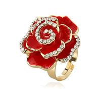 CHCWR Rose Flower Promise Ring for Women Girls Statement Diamond Crystal 3D Enamel Flowers Adjustable Open Wrap Finger Rings Comfort Fit Vintage Elegant Wedding Valentine Holiday Jewelry Gift