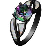 CHCWR Round Cut Mystic Rainbow Topaz Wedding Ring Fire Opal Black Filled Jewelry by Wat