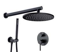 CHCWR Shower System Black Brass Luxury Rain Mixer Shower Faucet Set Wall Mounted Multifunction Dual Handle Shower Combo Set with Round Rain Shower Head, Handheld Shower,10 Inch,10 Inch,10 Inch