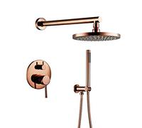 CHCWR Shower System Rose Gold Brass Luxury Rain Mixer Shower Faucet Set Wall Mounted Multifunction Dual Handle Shower Combo Set with Round Rain Shower Head, Handheld Shower,10 Inch,10 In,10 Inch