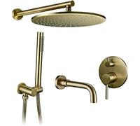 CHCWR Shower System, Wall Mounted Brushed Gold Brass Bathroom Shower Set with 8-12 Inch Brass Round Rainfall Shower Head Handheld Shower and Tub Taps, Luxury Shower Set,10 inch