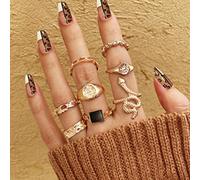 CHCWR Snake Ring Drip Oil Black Face Ring Engraved Sun Star Set of 9 for Women Teen Girls