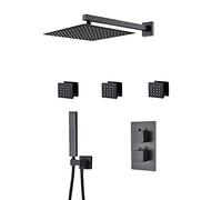 CHCWR Thermostatic Black Shower Combo Set Wall Mounted Bathroom Shower Faucet Set with Shower Head, ABS Handheld Shower, Body Spray,8 Inches,A-12 tum