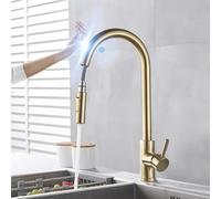 CHCWR Touch Kitchen Faucet Brushed Gold Pull Out Spray Black Sensor Faucets 360 Rotation Crane Hot Cold Water Sensor Mixer Taps,Grey Sensor,Include:1*Faucet
