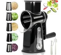 CHDEXU Rotary Cheese Grater with Handle, Manual Vegetable Slicer Grater with 5 Detachable Stainless Steel Blades, Round Graters Slicer Hand Crank Food Chopper for Kitchen with Blade Storage Box