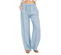 Chdirnely Women's Linen Trousers Deals of The Day Wide Leg Pants Plus Size Elastic Waist Summer Casual Palazzo Trousers with Pockets Cotton Solid Color Straight Long Pants
