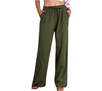 Chdirnely Women's Linen Trousers Deals of The Day Wide Leg Pants Plus Size Elastic Waist Summer Casual Palazzo Trousers with Pockets Cotton Solid Color Straight Long Pants