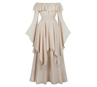 Chdirnely Womens Vintage Dress Retro Gown Maxi Long Dress Off Shoulder Long Sleeve High Waist Dresses Medieval Dress Cocktail Party Dress Renaissance Costume Beige